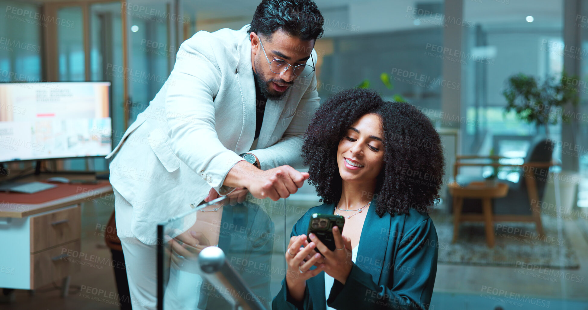 Buy stock photo Business people, phone and team in office for planning, financial report and review budget. Talk, discussion and digital tech on stairs for teamwork, finance feedback and information for investment