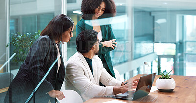 Buy stock photo Collaboration, laptop and review with business people in boardroom together for discussion or update. Computer, conversation and feedback with employee team in glass office for project management