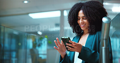 Buy stock photo Business woman, phone and scroll in office with smile for communication, networking or social media post. Consultant, reading and employee for conversation, texting or email for project management
