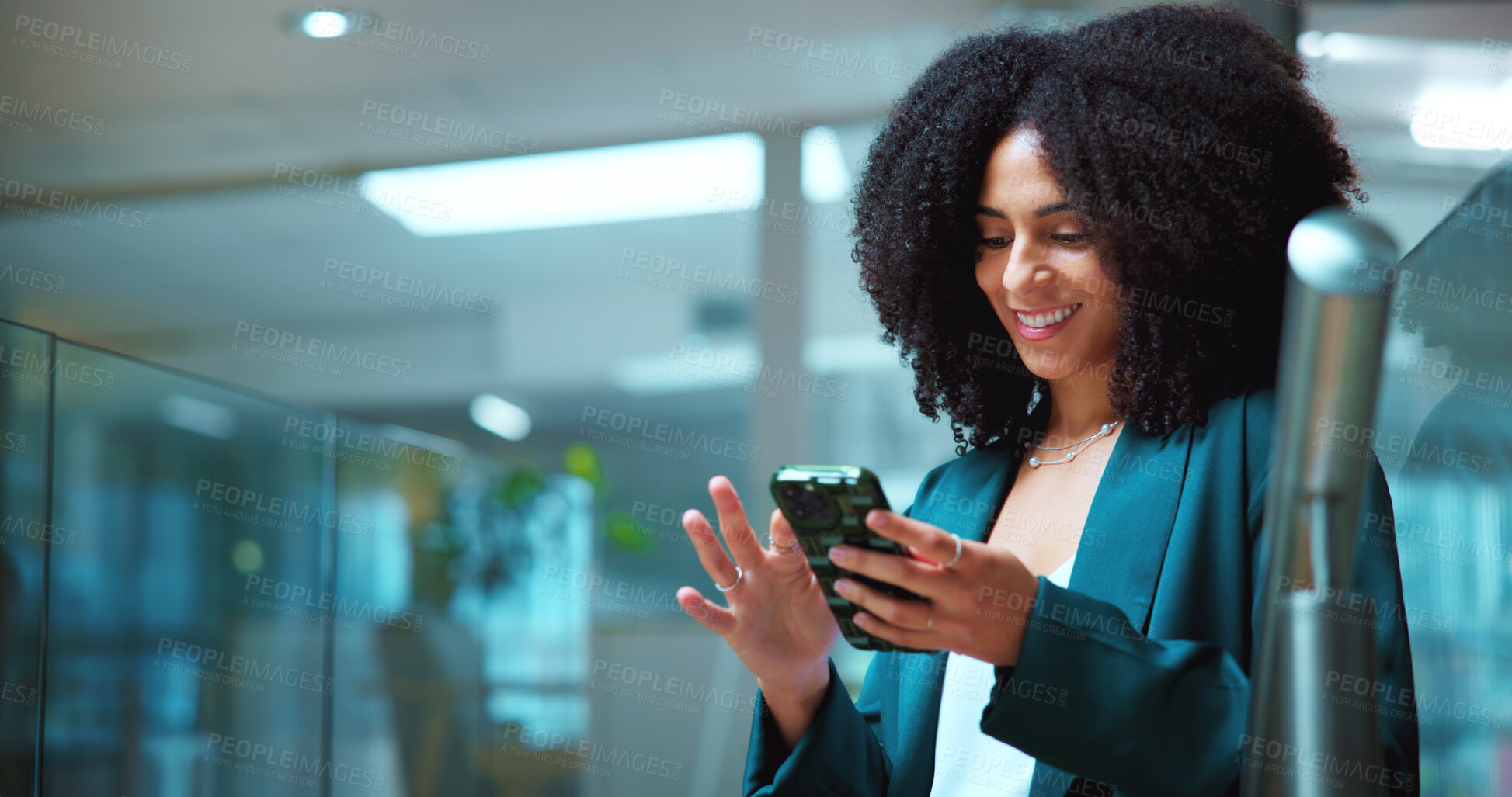 Buy stock photo Business woman, phone and scroll in office with smile for communication, networking or social media post. Consultant, reading and employee for conversation, texting or email for project management