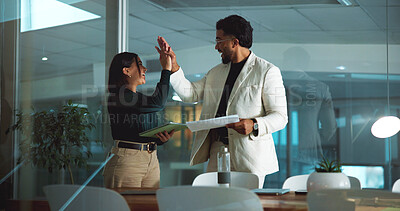 Buy stock photo Team, business people and high five in office for success, winning or goal with document at night. Happy workers, hands together and celebration for milestone, target or laugh with tablet on overtime