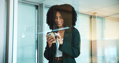 Buy stock photo Phone, smile and business woman in office for networking, check email and finance update. African worker, mobile and app for communication, online chat or review investment with good news at window