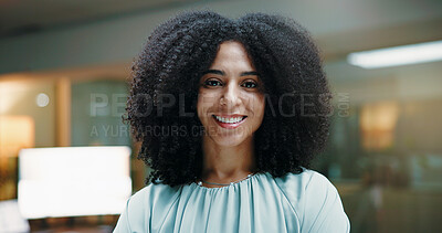 Buy stock photo Night, smile and portrait of businesswoman in office for finance career or corporate job. Happy, about us and proud economist with confidence in financial agency for ambition, mission and overtime