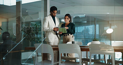 Buy stock photo People, meeting and tablet in office at night for accounting, financial planning and review budget. Staff, team and digital for finance report, company expenses and information on investment deadline