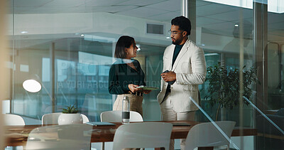 Buy stock photo Teamwork, night or business people with tablet for advice, investment research or budget. Collaboration, help and financial advisor with assistant in overtime for news, accounting deadline or finance