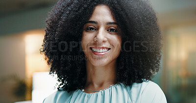Buy stock photo Night, happy or portrait of businesswoman in office for finance career, mission or corporate job. Face, about us or proud economist with smile in financial agency for ambition, overtime or confidence
