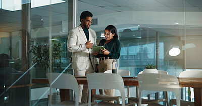 Buy stock photo Teamwork, night or business people with tablet for research, investment project or budget. Collaboration, help or financial advisor with assistant in overtime for news, accounting deadline or finance