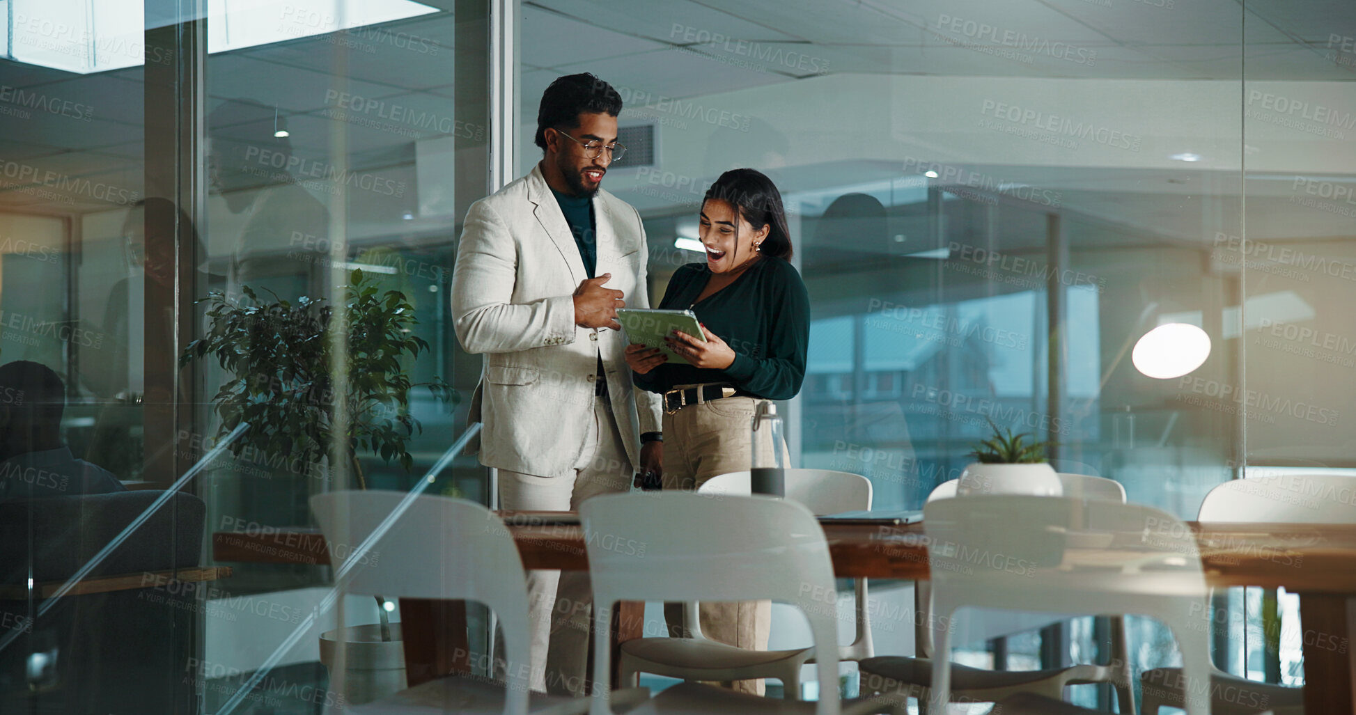 Buy stock photo Teamwork, night or business people with tablet for research, investment project or budget. Collaboration, help or financial advisor with assistant in overtime for news, accounting deadline or finance