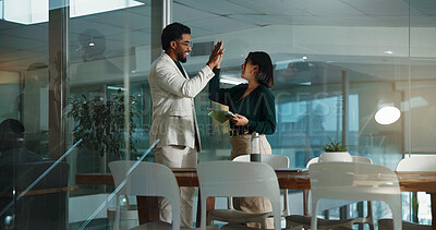 Buy stock photo People, high five and tablet in office at night for accounting, financial success and good news. Staff, collaboration and digital with team win, deadline achievement and feedback for investment deal
