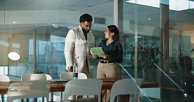 Buy stock photo Business, people and reading on tablet at night of accounting, financial planning and review budget. Staff, team and digital of finance report, company expenses and information on investment deadline