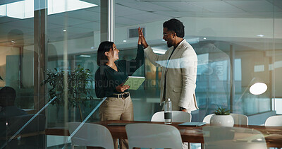 Buy stock photo Business, people and high five with tablet at night for accounting, financial success and good news. Staff, support and digital with team goals, deadline achievement and feedback for investment deal
