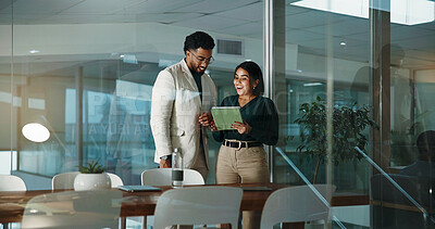 Buy stock photo Happy, people and tablet in office at night for accounting, financial planning and review budget. Staff, team and digital with finance report, company expenses and information for investment deadline