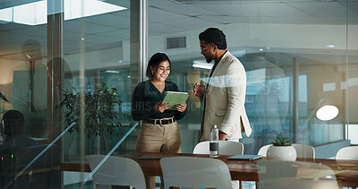 Buy stock photo Business, people and tablet in office at night for accounting, financial planning and review budget. Staff, team and digital of finance report, company expenses and information on investment deadline