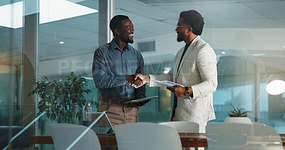 Buy stock photo Business, handshake and men with documents, hiring and onboarding with welcome. People, job interview and candidate with contract, paperwork or shaking hands with review, recruitment and thank you