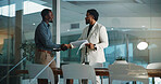 Business, handshake and men with documents, recruitment and onboarding with welcome. People, human resource manager and candidate in office, paperwork or shaking hands with review, hiring or contract