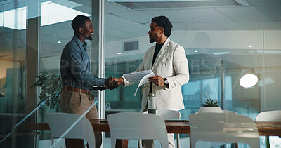 Buy stock photo Business, handshake and men with documents, recruitment and onboarding with welcome. People, human resource manager and candidate in office, paperwork or shaking hands with review, hiring or contract