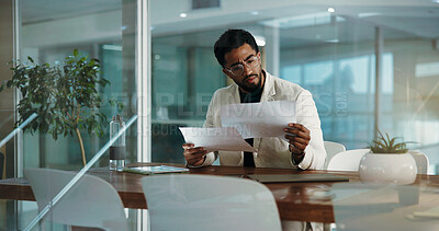 Buy stock photo Business, documents and man in office, thinking and reading with company audit. Financial inspector, confused and accounting with checklist, investment agenda and budget report with problem solving