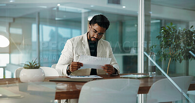 Buy stock photo Business, documents and man in office, thinking and reading with audit checklist. Financial agency, employee and corporate professional with investment, problem solving and budget report with choice