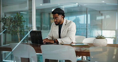 Buy stock photo Businessman, laptop and typing in office for research, finance report and auditing. Person, tablet and comparison for financial growth, review budget and agenda information of investment company