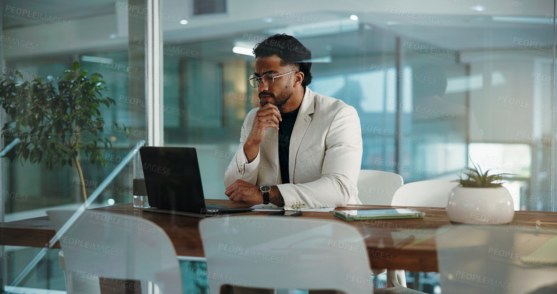 Buy stock photo Business, thinking and man in office, laptop and online reading for revenue audit. Financial inspector, problem solving or employee with pc, investment or budget report with email, choice or decision