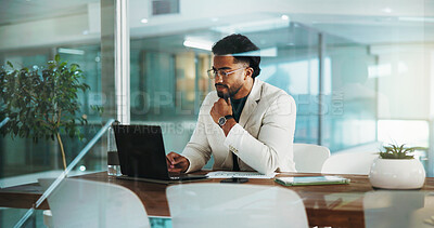 Buy stock photo Business, thinking and man in workplace, laptop and online reading for budget report. Financial inspector, employee and person with computer, email and feedback for trading results or company website