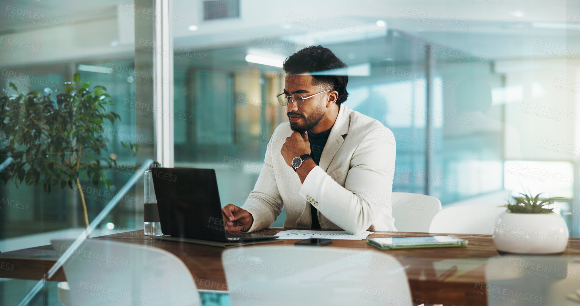 Buy stock photo Business, thinking and man in workplace, laptop and online reading for budget report. Financial inspector, employee and person with computer, email and feedback for trading results or company website