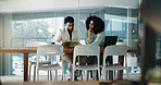 Collaboration, feedback and meeting with business people in office for report, discussion and proposal. Laptop, update and tablet with teamwork in workplace for conversation, review or strategy