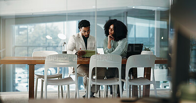 Buy stock photo Collaboration, feedback and meeting with business people in office for report, discussion and proposal. Laptop, update and tablet with teamwork in workplace for conversation, review or strategy