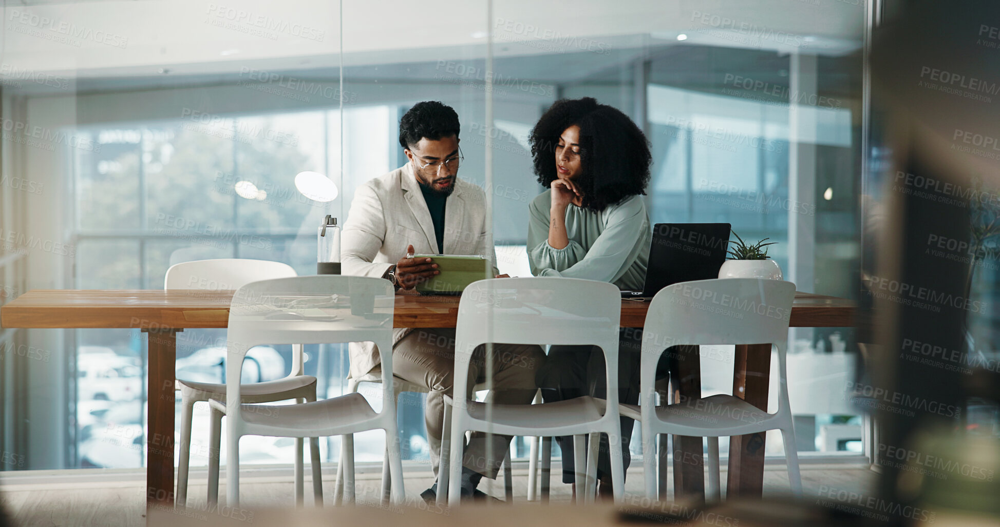 Buy stock photo Collaboration, feedback and meeting with business people in office for report, discussion and proposal. Laptop, update and tablet with teamwork in workplace for conversation, review or strategy
