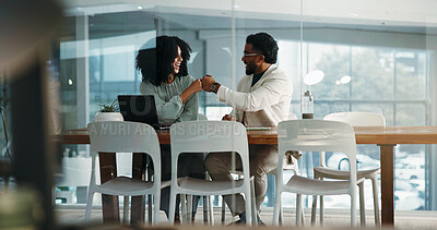 Buy stock photo Smile, people and fist bump with laptop in office for accounting, financial success and good news. Staff, collaboration and pc with team congratulations, proposal achievement and deal for investment