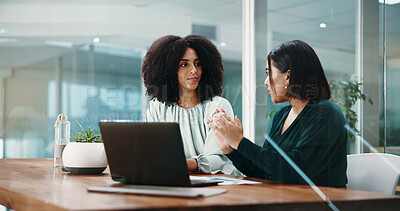 Buy stock photo Laptop, business women and team planning in office for accounting or financial proposal. Meeting, computer and discussion together for finance audit, cooperation and solution for budget analysis