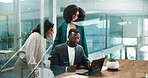 Teamwork, project or business people on laptop for investment news or economic advice. Collaboration, review or financial manager with women in meeting for info, accounting report or finance budget