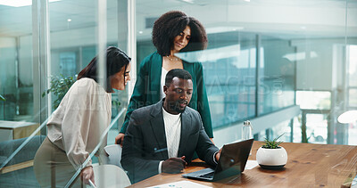 Buy stock photo Teamwork, project or business people on laptop for investment news or economic advice. Collaboration, review or financial manager with women in meeting for info, accounting report or finance budget