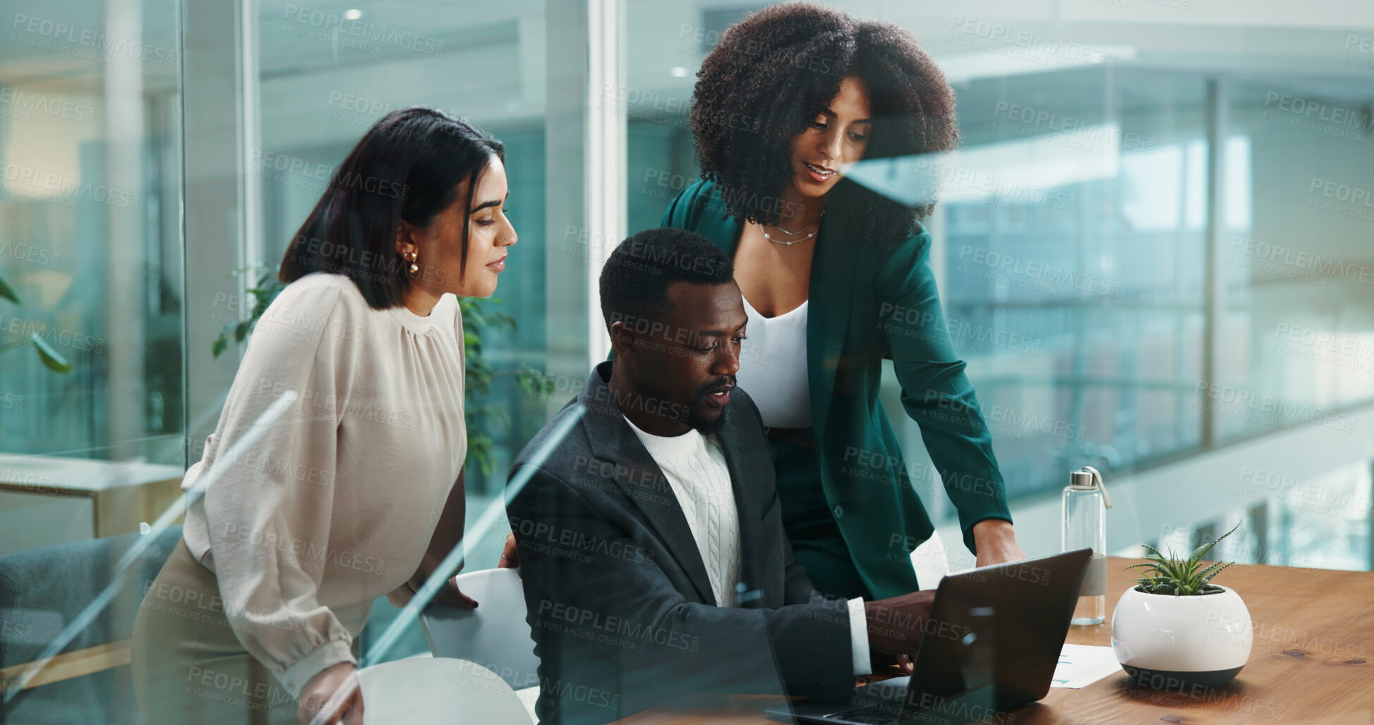 Buy stock photo Teamwork, research or business people on laptop for economic news or investment info. Collaboration, project or financial advisor with women in meeting for profit, accounting report or finance budget