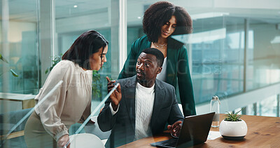 Buy stock photo Teamwork, talk or business people on laptop for economic news or investment advice. Collaboration, project or financial manager with women in meeting for profit, accounting report or finance budget