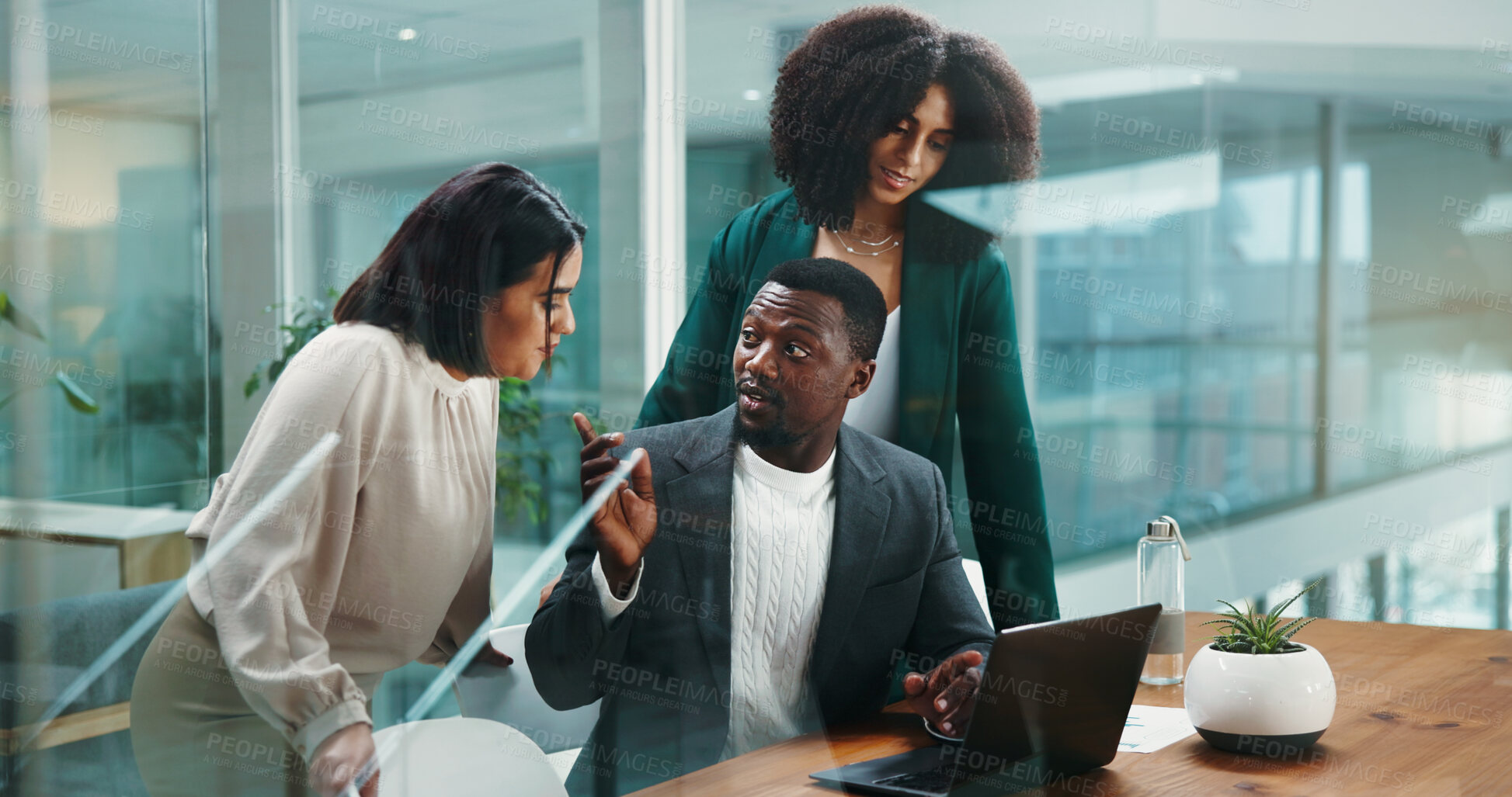 Buy stock photo Teamwork, talk or business people on laptop for economic news or investment advice. Collaboration, project or financial manager with women in meeting for profit, accounting report or finance budget