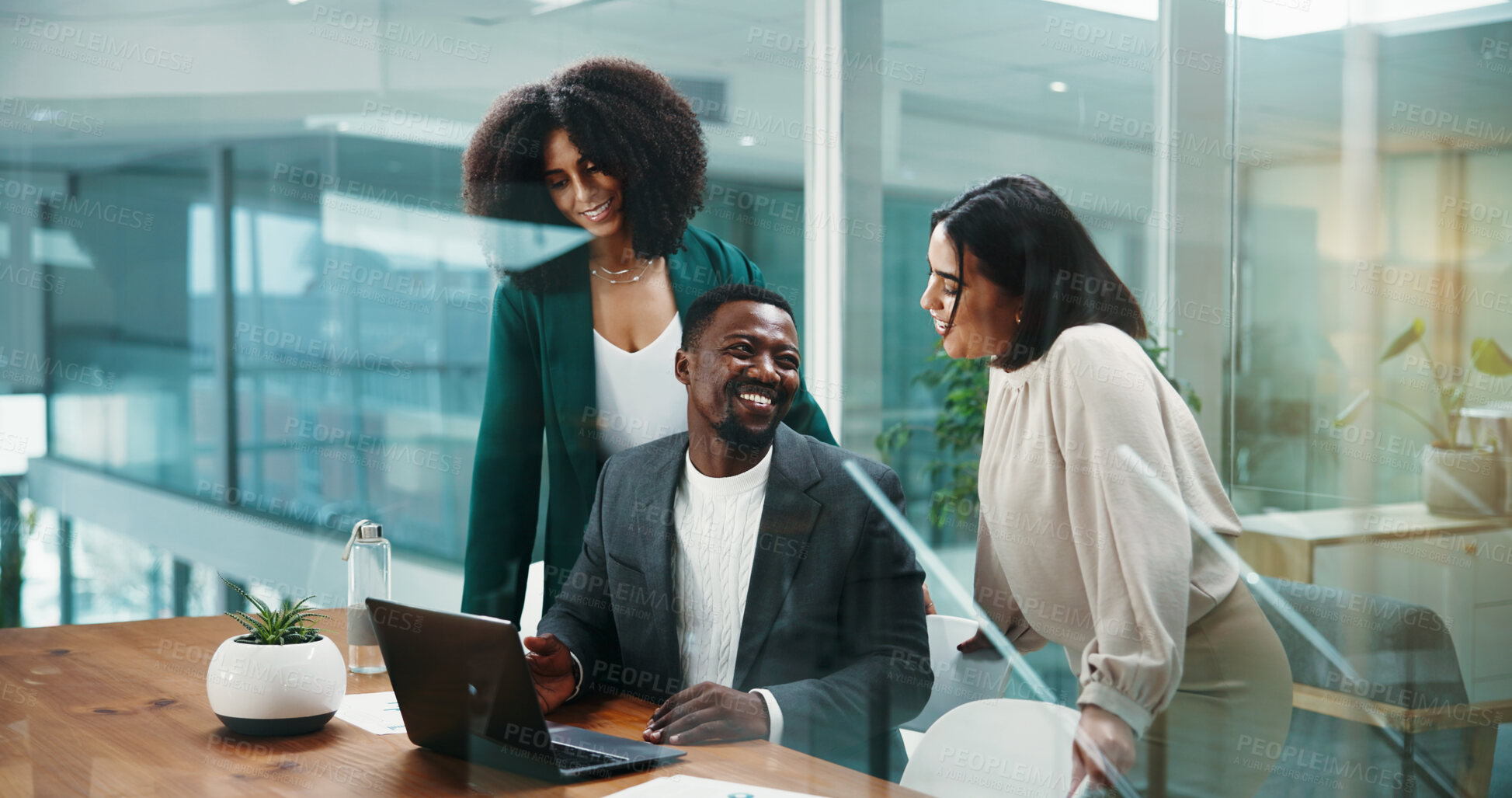 Buy stock photo Teamwork, happy or business people on laptop for economic news or investment research. Collaboration, smile or financial advisor with women in meeting for profit, accounting report or finance budget