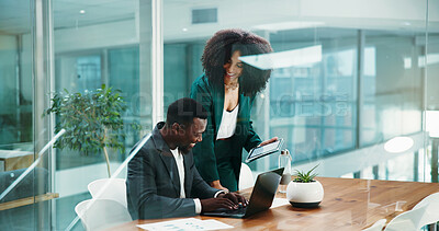 Buy stock photo Business, man and mentor with laptop in office for accounting, training and financial feedback. People, teamwork and manager with tablet for planning, review budget and helping of investment proposal