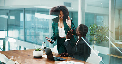 Buy stock photo Business people, celebration and team high five in office for motivation, excellence and profit. Workers, excited and together with success, financial achievement or collaboration for goal on laptop