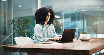 Buy stock photo Laptop, happy and business woman in office for online proposal, finance report and risk assessment. Corporate, financial consultant and person on computer for budget review, research and planning