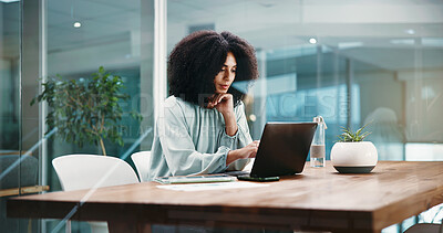 Buy stock photo Laptop, research and thinking with business woman in office for social media agency, branding and idea. Marketing campaign, project launch and client feedback with person in startup for reflection