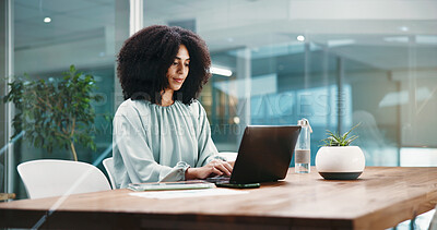 Buy stock photo Laptop, planning and business woman in office for online proposal, finance report and accounting. Professional, financial consultant and person on computer for budget review, research and revenue