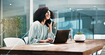 Happy, business woman and laptop with phone call in office for finance advice or negotiation. Female person, accountant or financial advisor talking with mobile smartphone or computer for discussion