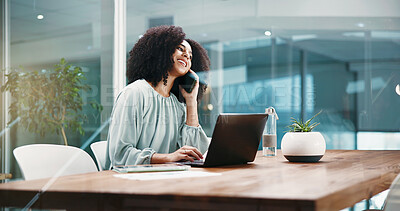 Buy stock photo Happy, business woman and laptop with phone call in office for finance advice or negotiation. Female person, accountant or financial advisor talking with mobile smartphone or computer for discussion