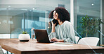 Happy woman, accountant or laptop with phone call in office for finance advice or negotiation. Female person, consultant or financial advisor talking with mobile smartphone or computer for discussion