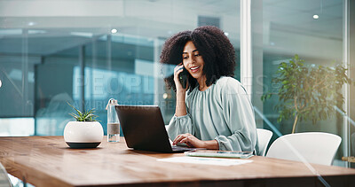 Buy stock photo Happy woman, financial advisor or laptop with phone call in office for budget or negotiation. Female person, consultant or talking with mobile smartphone or computer for finance advice or discussion