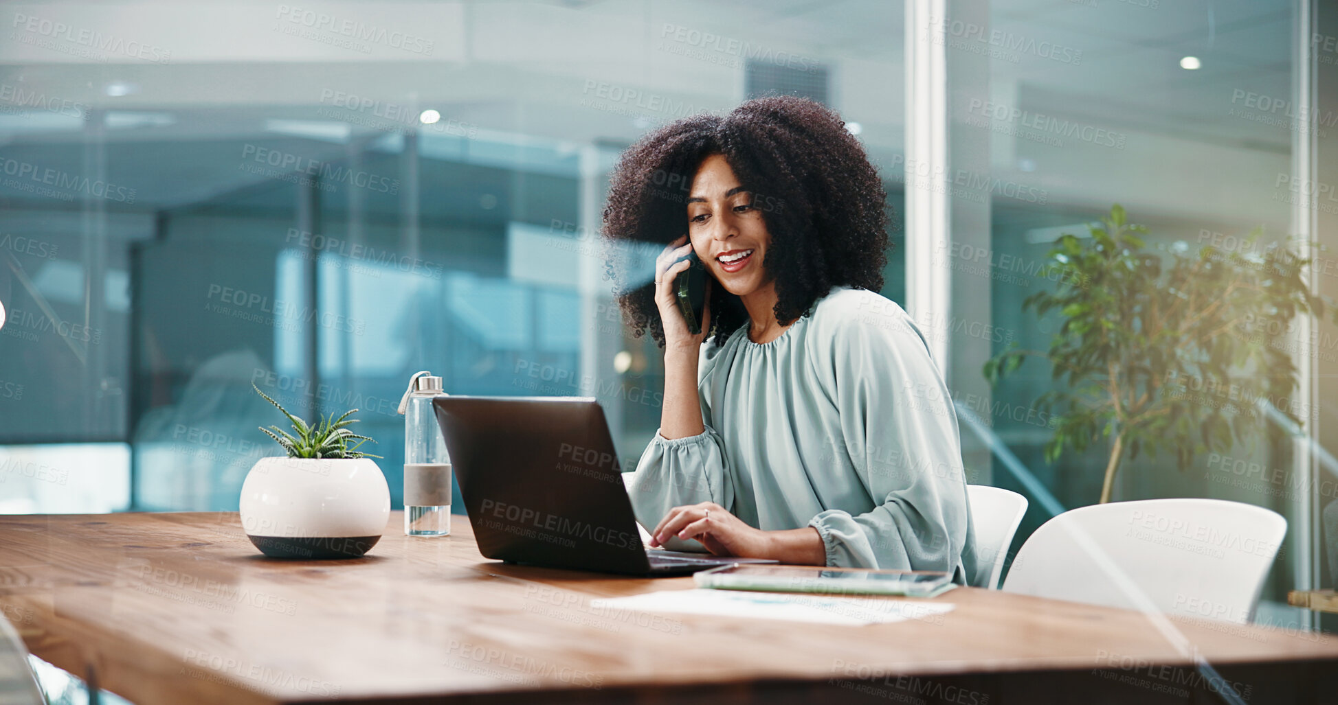 Buy stock photo Happy woman, financial advisor or laptop with phone call in office for budget or negotiation. Female person, consultant or talking with mobile smartphone or computer for finance advice or discussion
