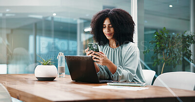 Buy stock photo Phone, research and reading with business woman in office for social media agency, branding and contact. Marketing campaign, project launch and client feedback with person in startup with laptop