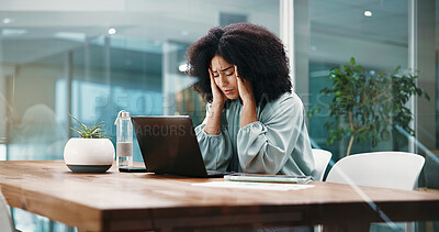 Buy stock photo Frustrated woman, headache and laptop with stress in office for mistake, financial crisis or debt. Female person, employee or accountant with migraine on computer for mental health or bankruptcy
