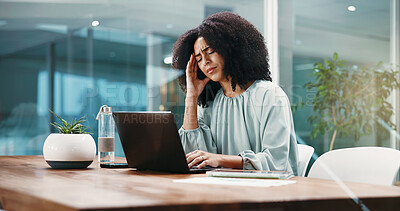 Buy stock photo Woman, headache and laptop with stress in office for mistake, financial crisis or debt. Female person, employee or accountant with migraine or strain on computer for mental health or bankruptcy